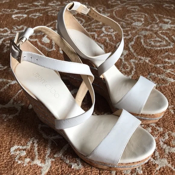 Jimmy Choo Optic White Vachetta Leather Portia 120 Silver Cork 10/EU 40 - Picture 2 of 14